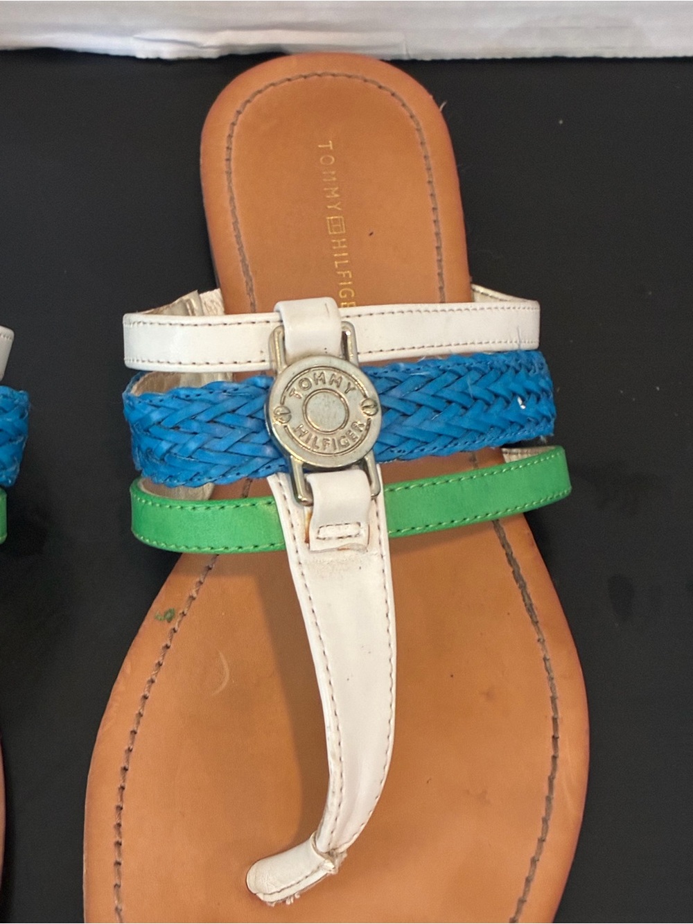 Tommy Hilfiger White, Blue & Green Braided Thong Sandals - Picture 3 of 5